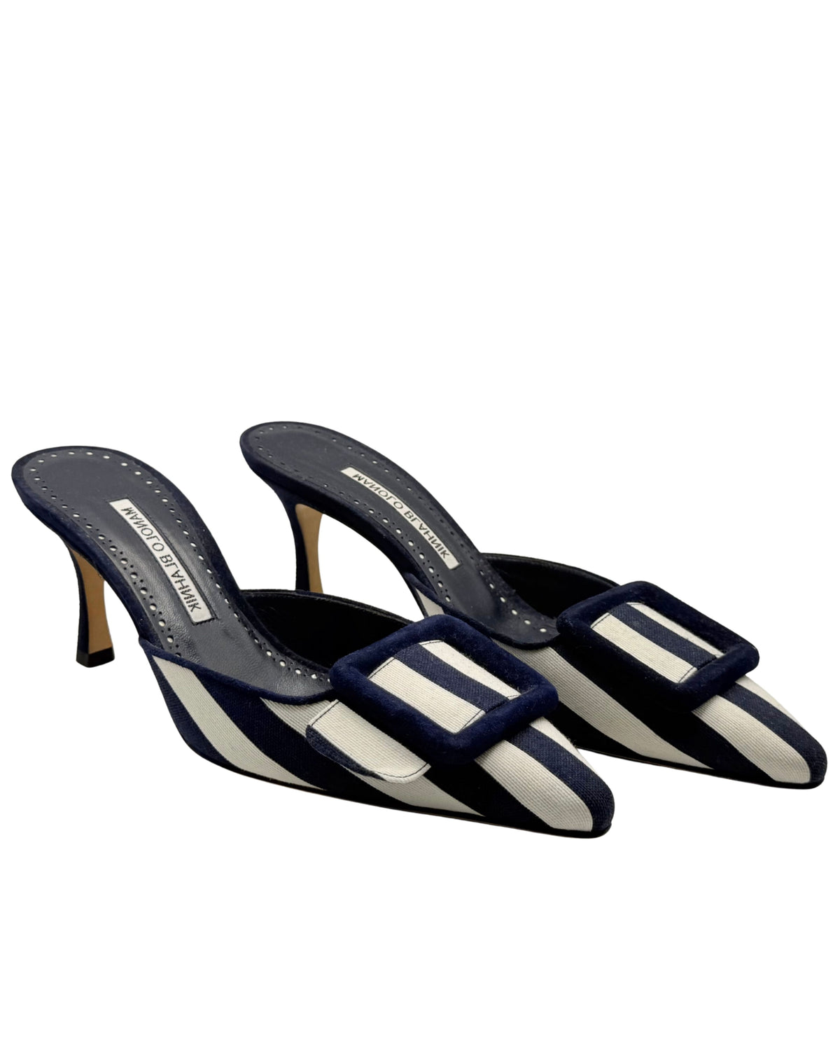 2010s Manolo Blahnik Navy and White Striped Maysale Mule