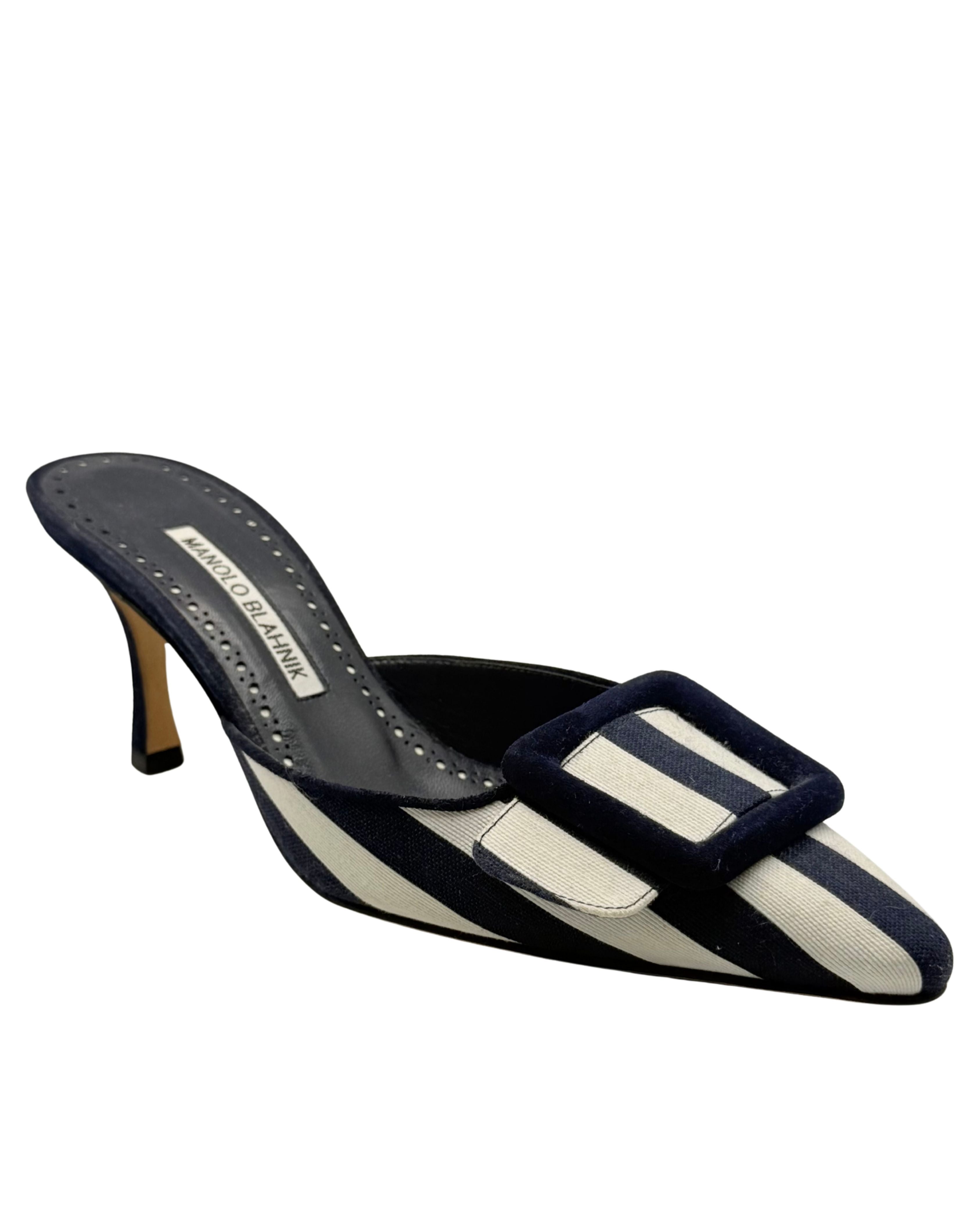 2010s Manolo Blahnik Navy and White Striped Maysale Mule