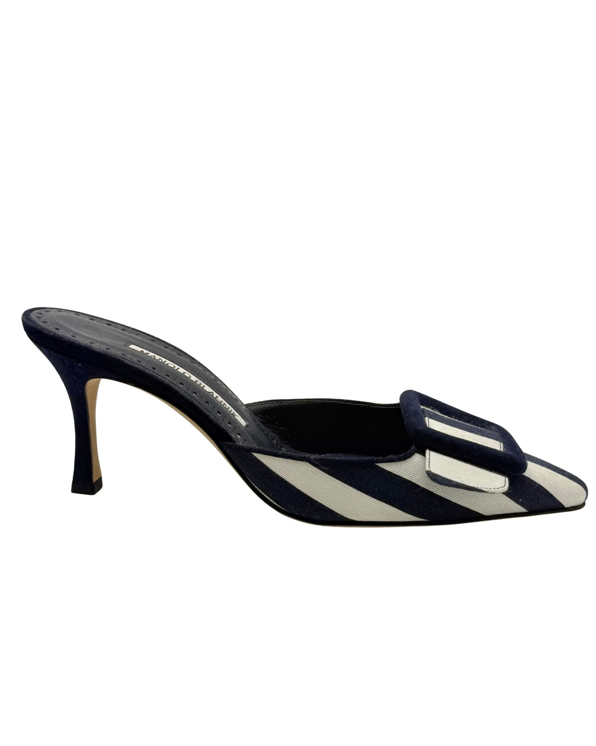 2010s Manolo Blahnik Navy and White Striped Maysale Mule