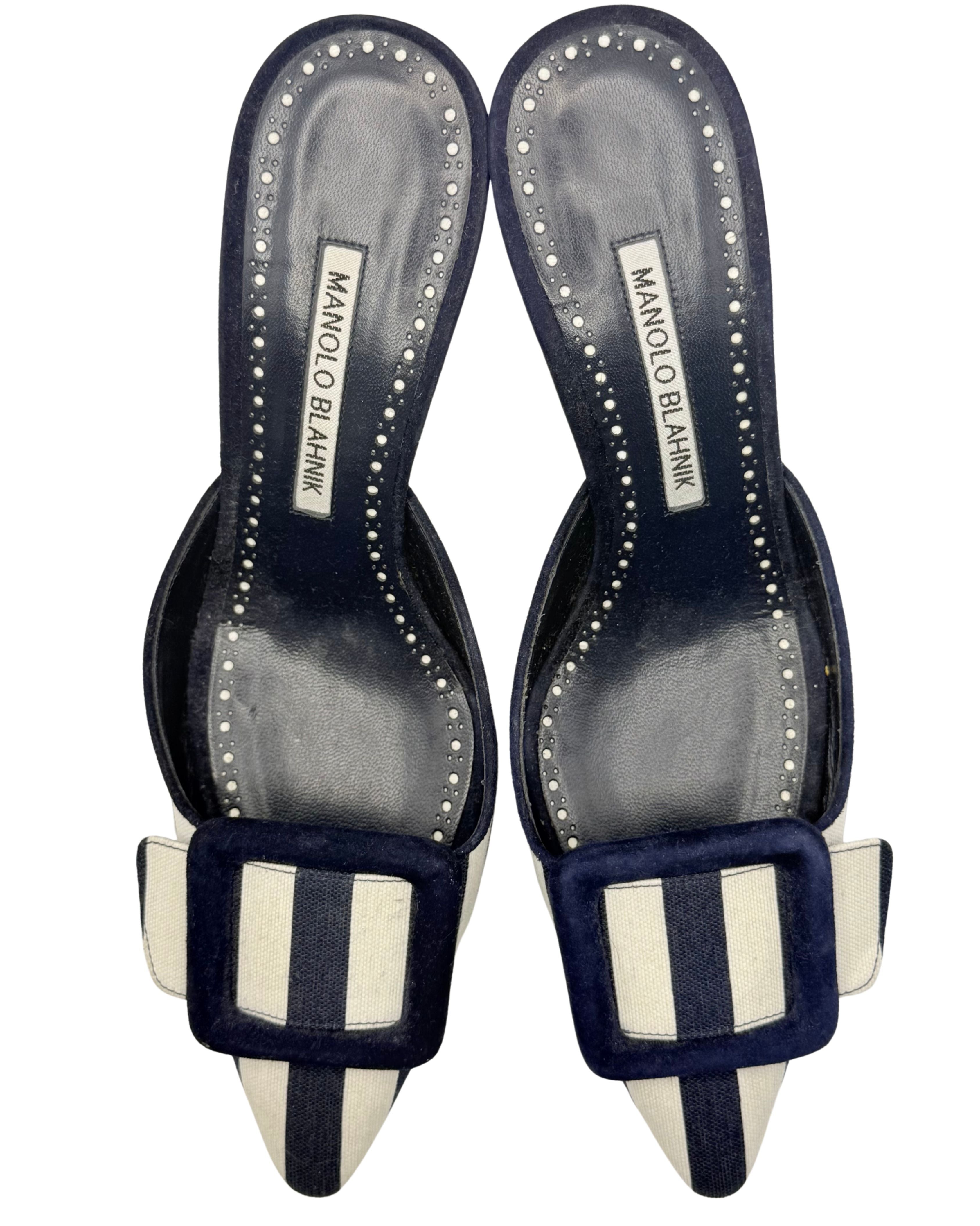 2010s Manolo Blahnik Navy and White Striped Maysale Mule