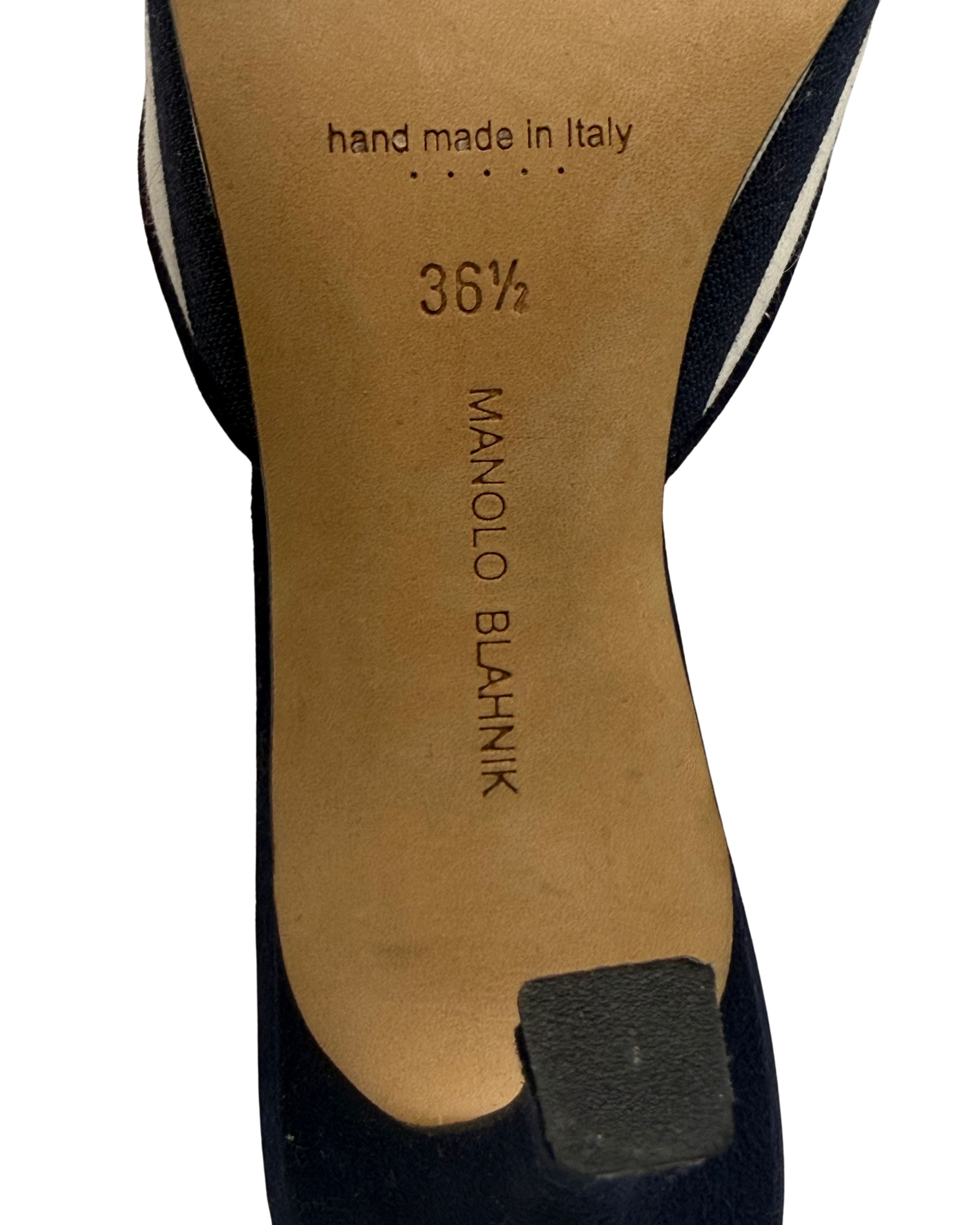 2010s Manolo Blahnik Navy and White Striped Maysale Mule