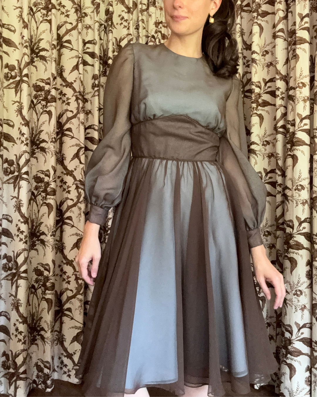1970s Sheer Blue and Brown Long Sleeve Midi Dress