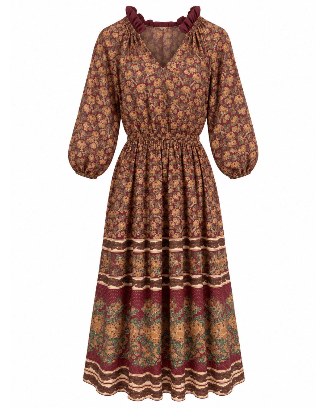 1970s Burgundy Floral Dress