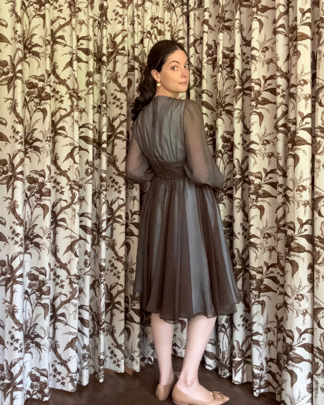 1970s Sheer Blue and Brown Long Sleeve Midi Dress