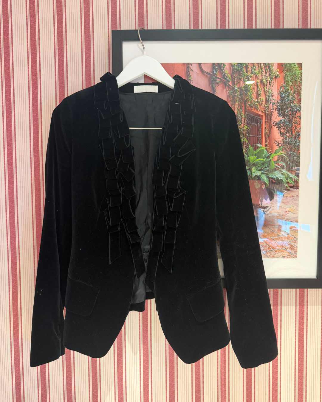 Nicole Farhi Black Velvet Ruffle Trim Blazer