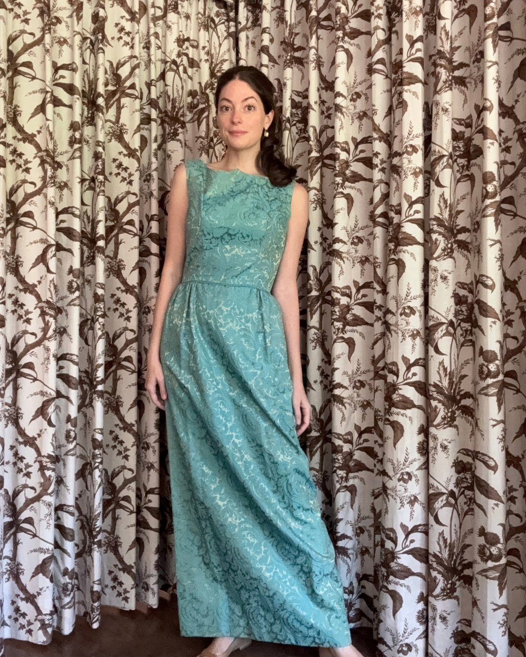 1960s Teal Paisley Brocade Maxi Dress