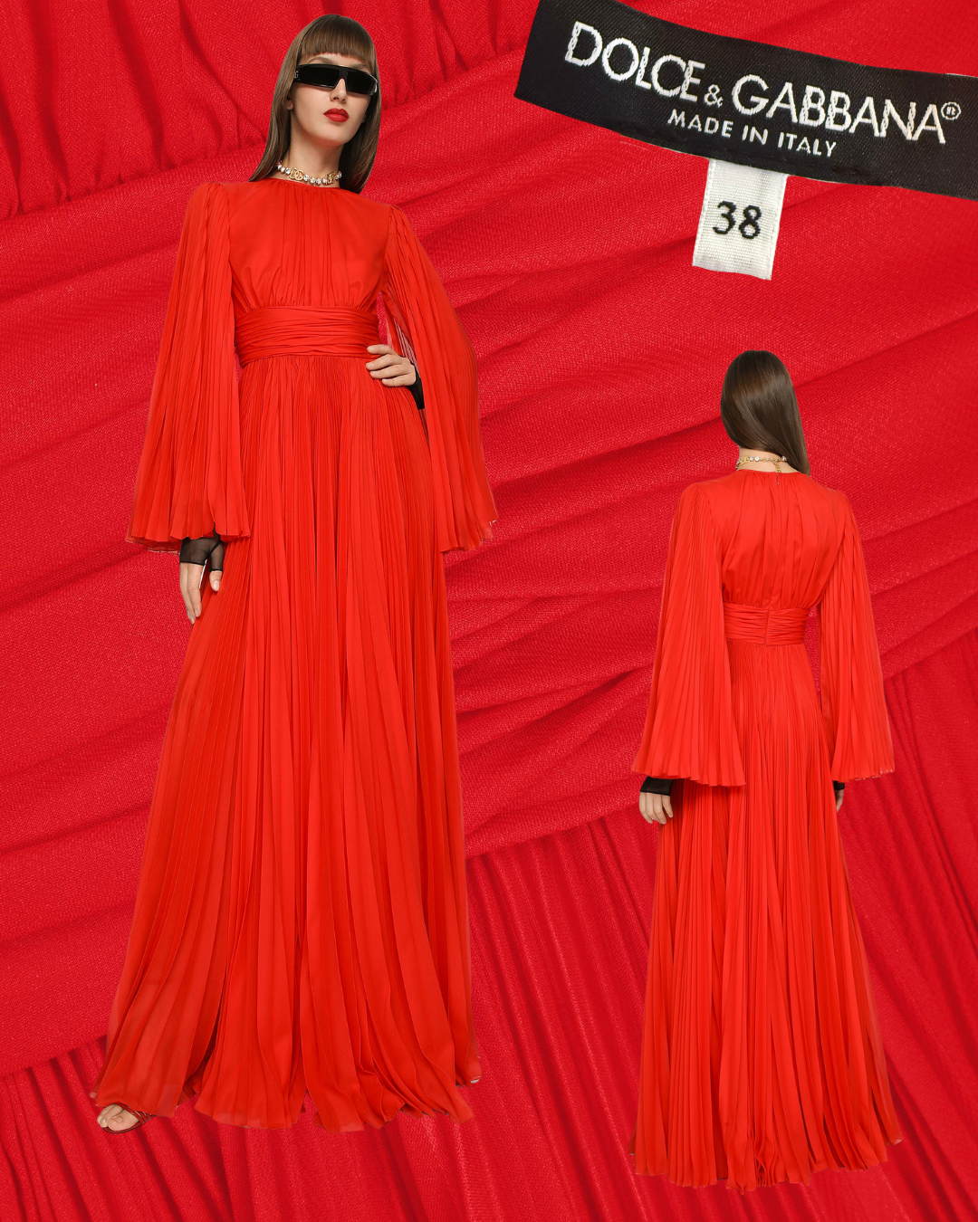 2020s Dolce & Gabbana Red Long Sleeve Pleated Maxi Dress