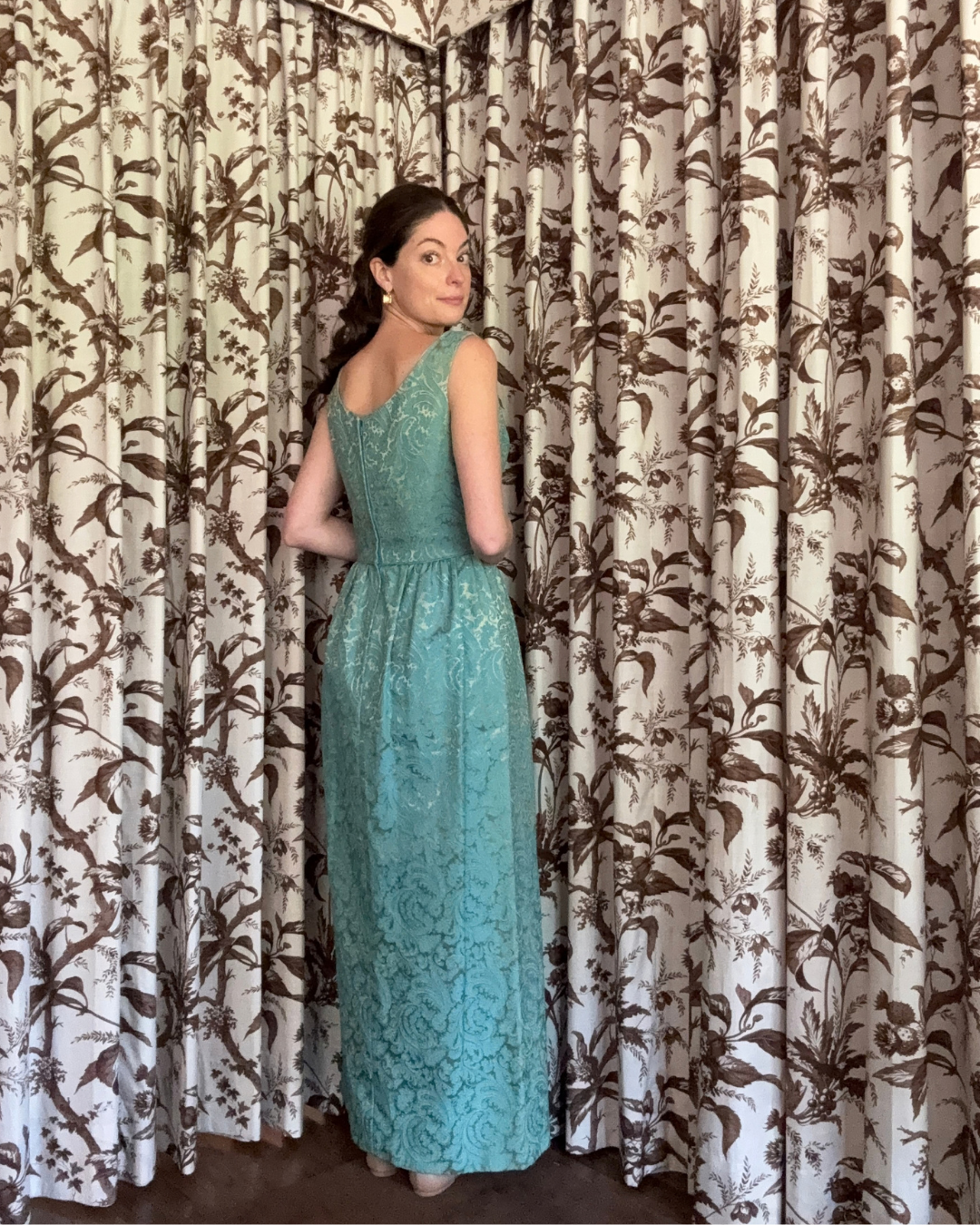 1960s Teal Paisley Brocade Maxi Dress