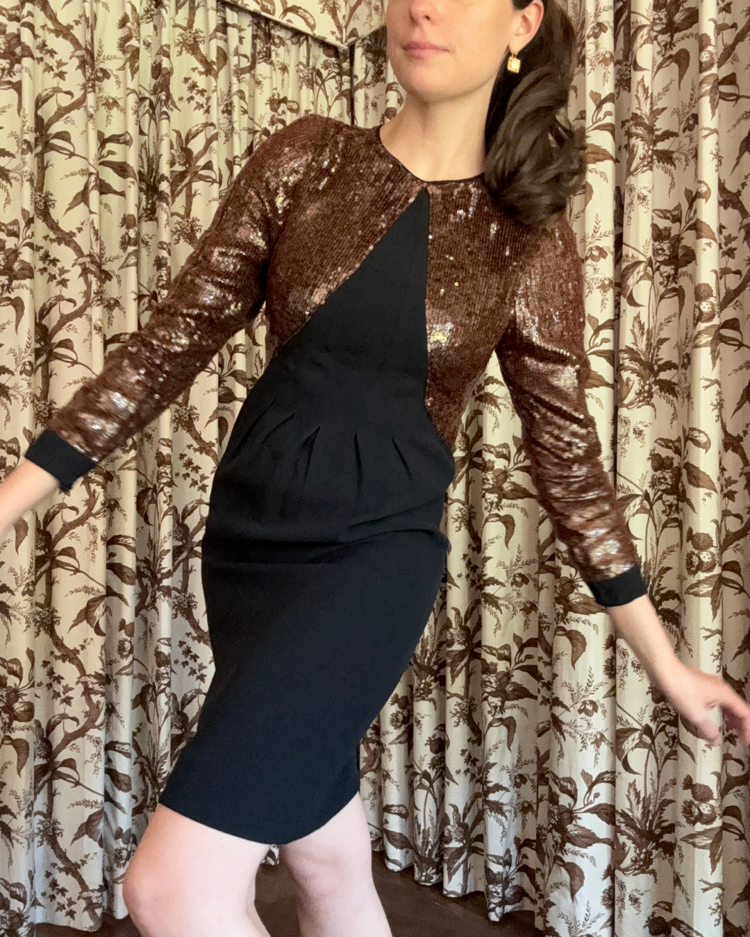 1980s Geoffrey Beene Black and Brown Sequin Mini Dress