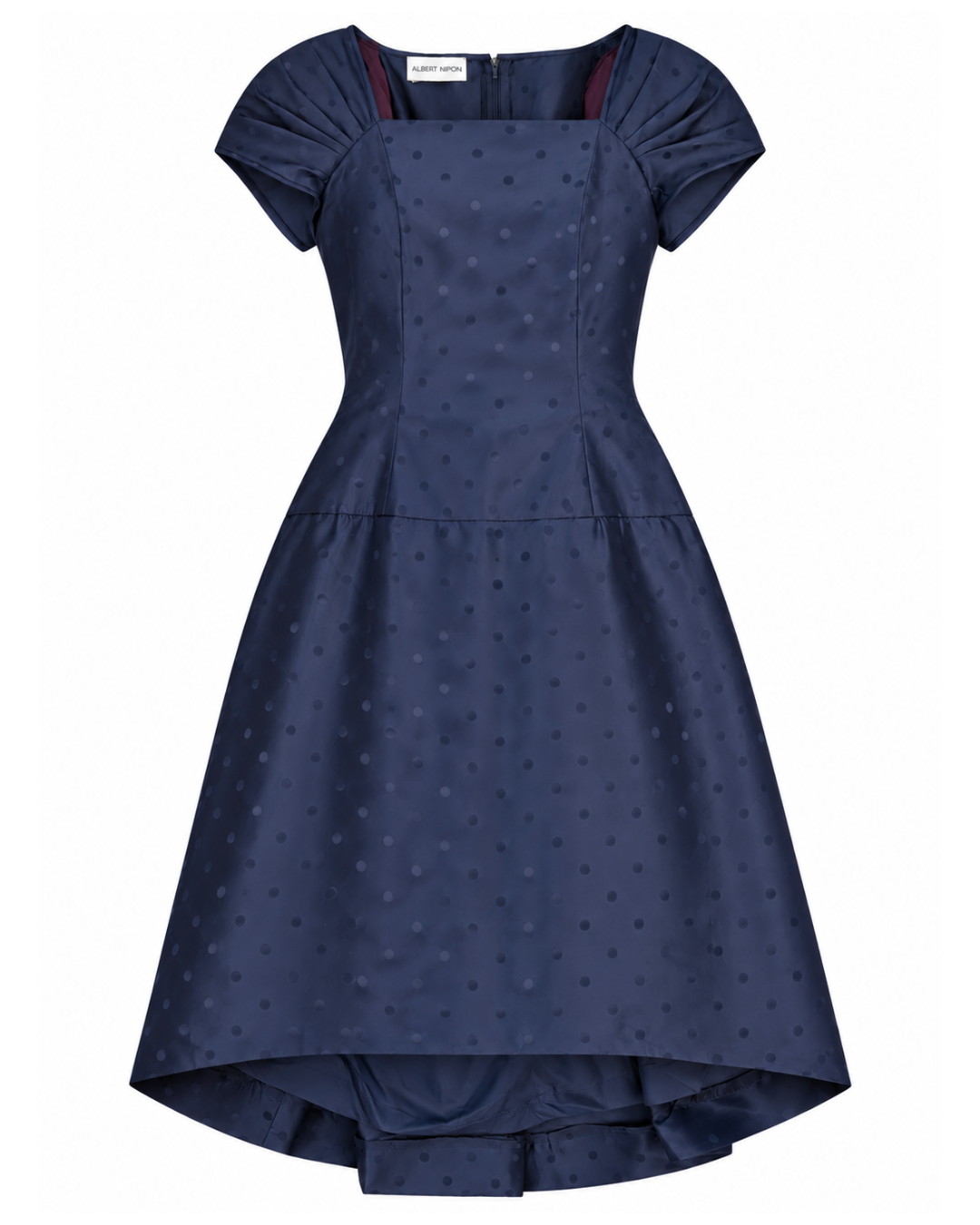 1980s Albert Nipon Navy Polka Dot Midi Dress with Bow Accent