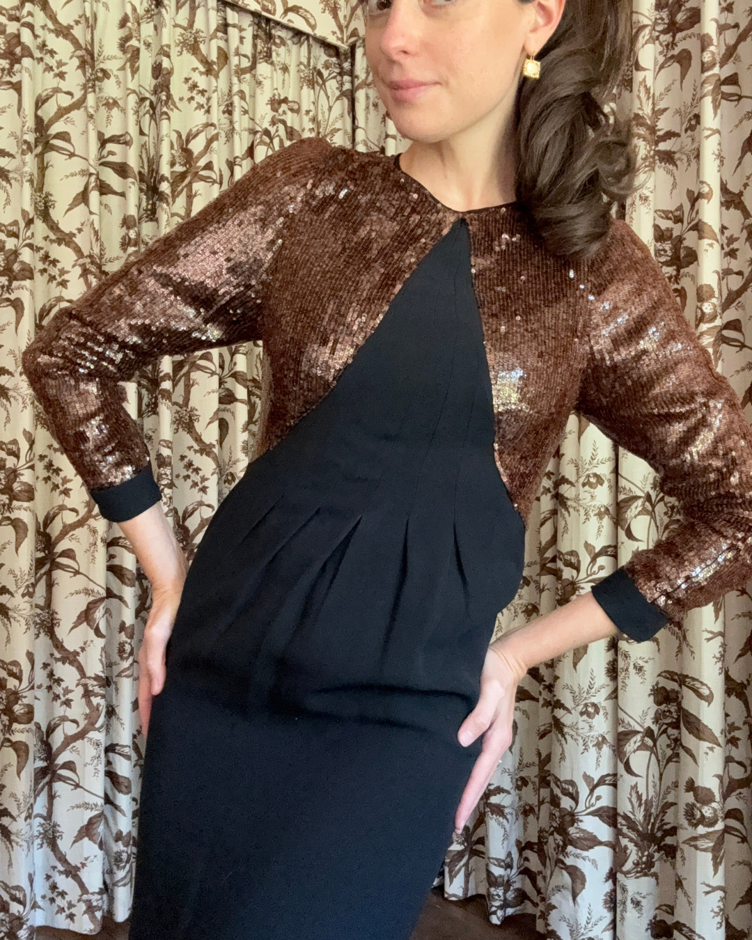 1980s Geoffrey Beene Black and Brown Sequin Mini Dress