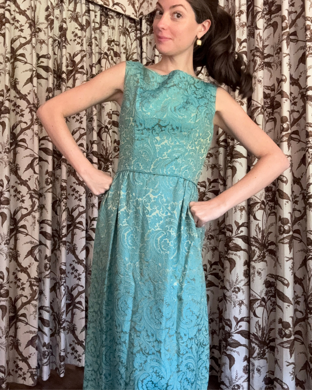 1960s Teal Paisley Brocade Maxi Dress