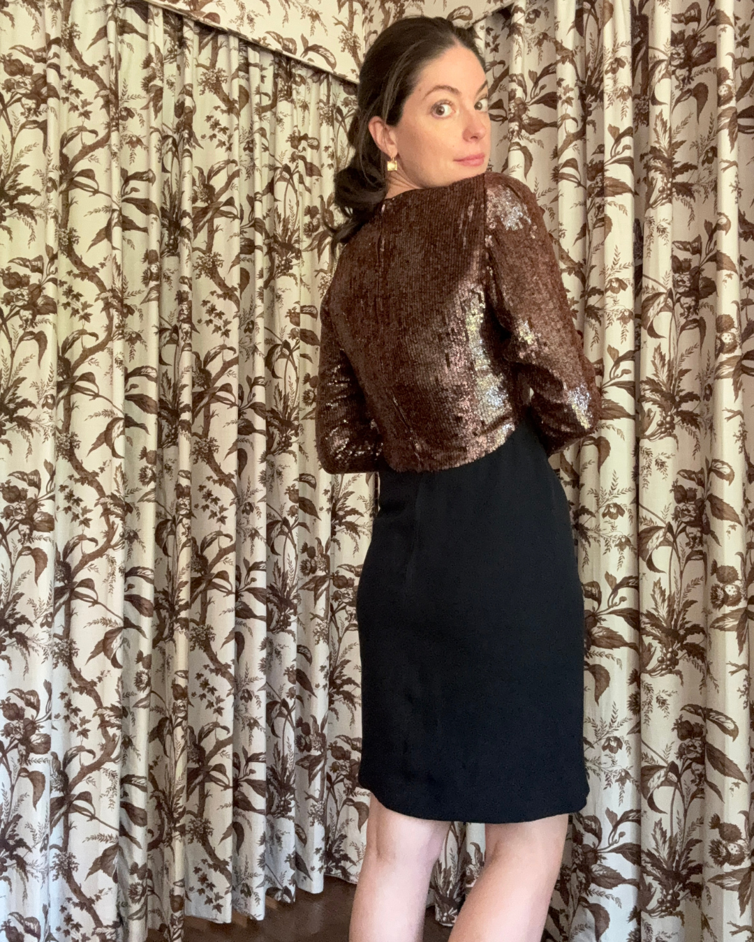 1980s Geoffrey Beene Black and Brown Sequin Mini Dress