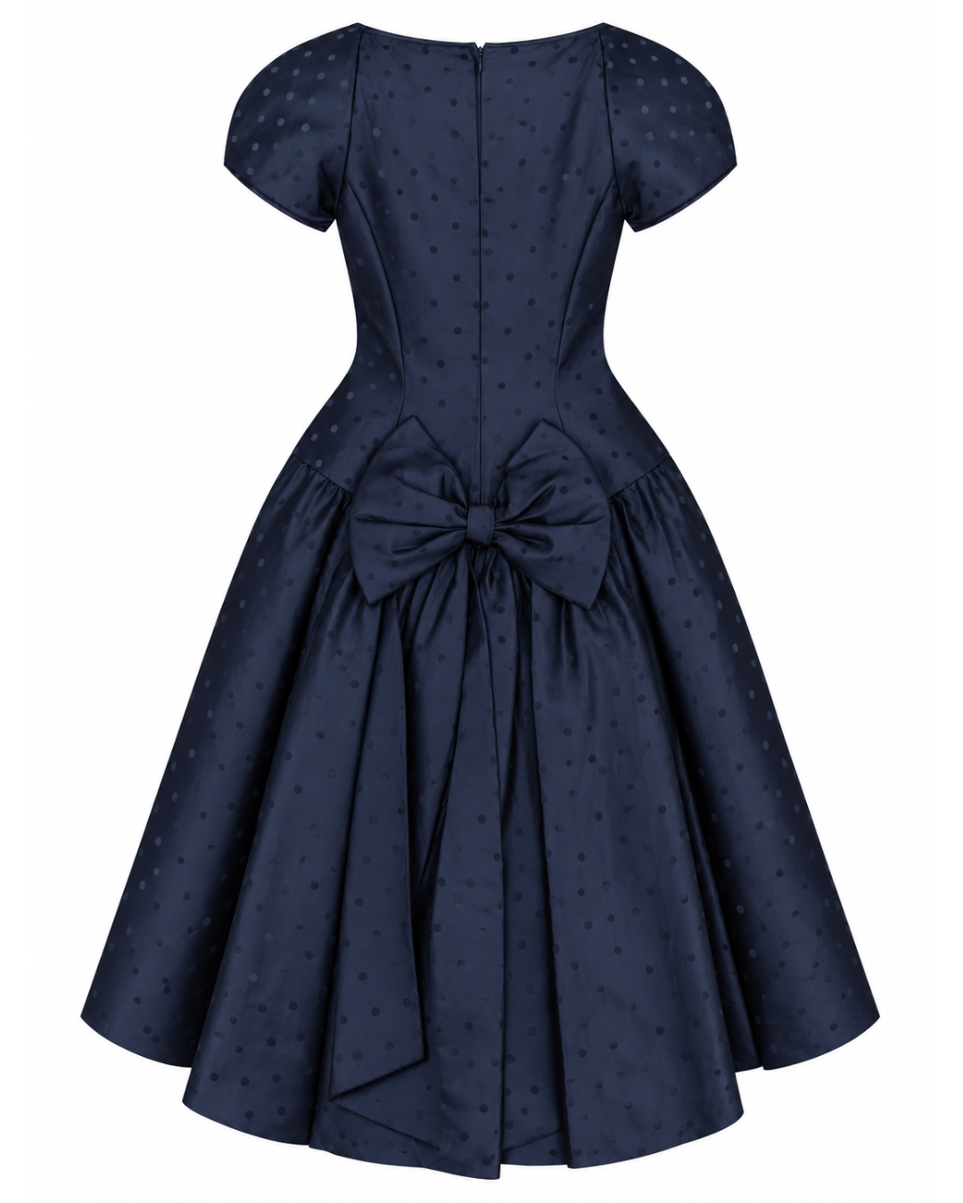 1980s Albert Nipon Navy Polka Dot Midi Dress with Bow Accent