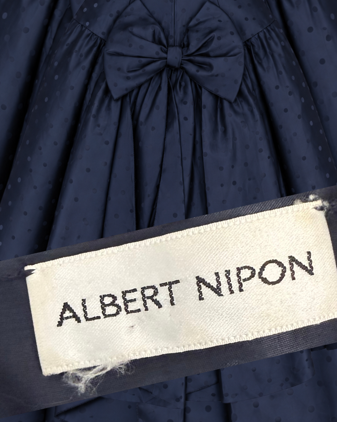 1980s Albert Nipon Navy Polka Dot Midi Dress with Bow Accent