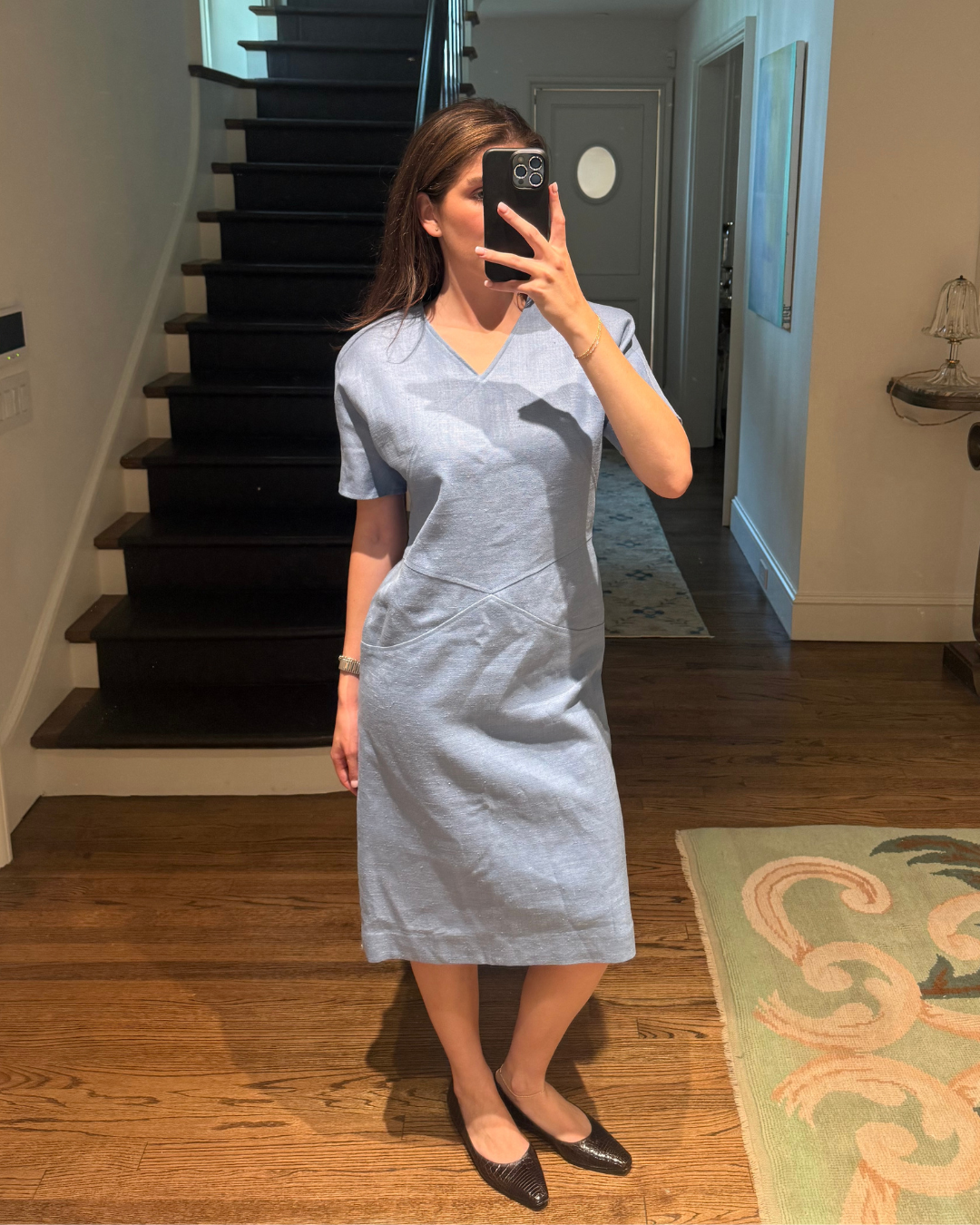 1980s Miss O by Oscar De La Renta Light Blue Linen Midi Dress