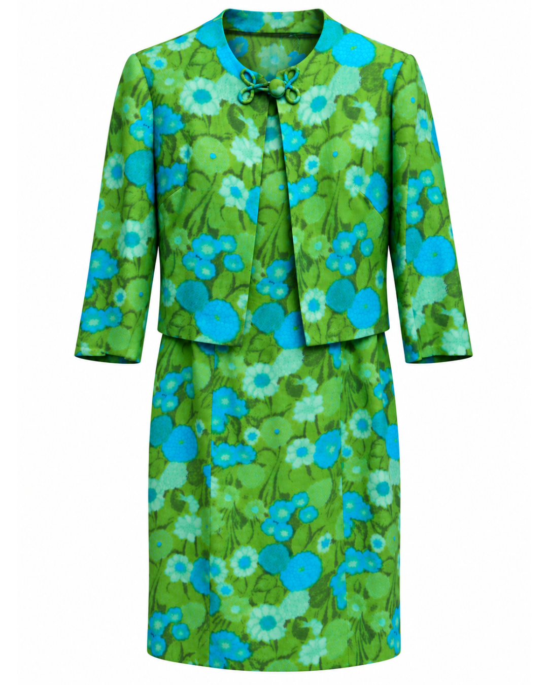 1960s Blue and Green Floral Dress and Jacket Set