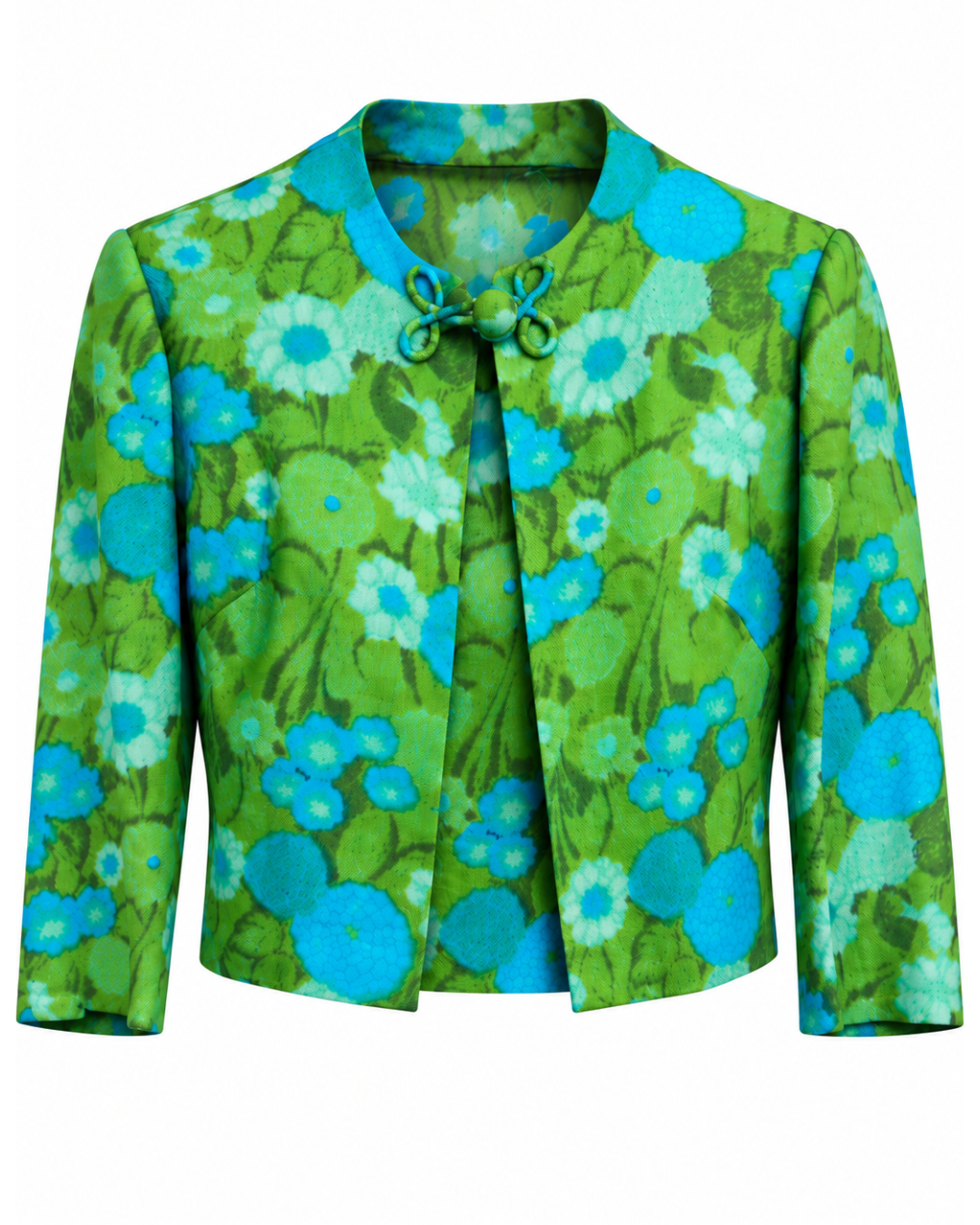 1960s Blue and Green Floral Dress and Jacket Set