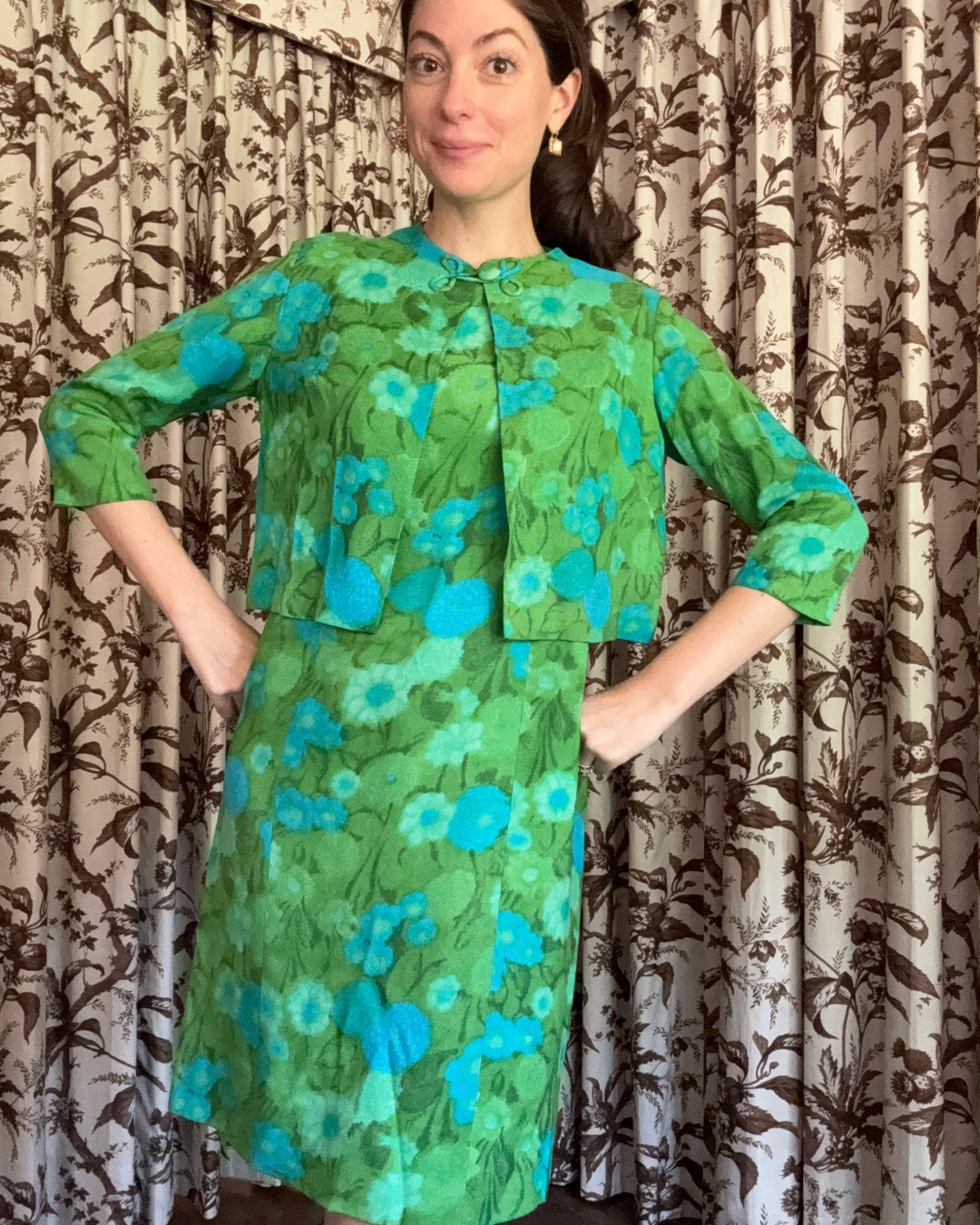 1960s Blue and Green Floral Dress and Jacket Set