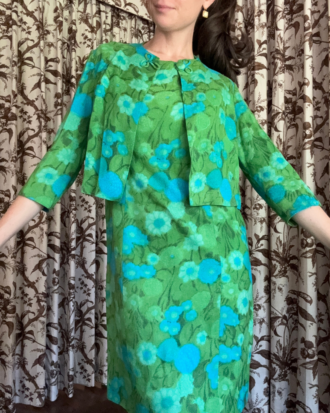 1960s Blue and Green Floral Dress and Jacket Set