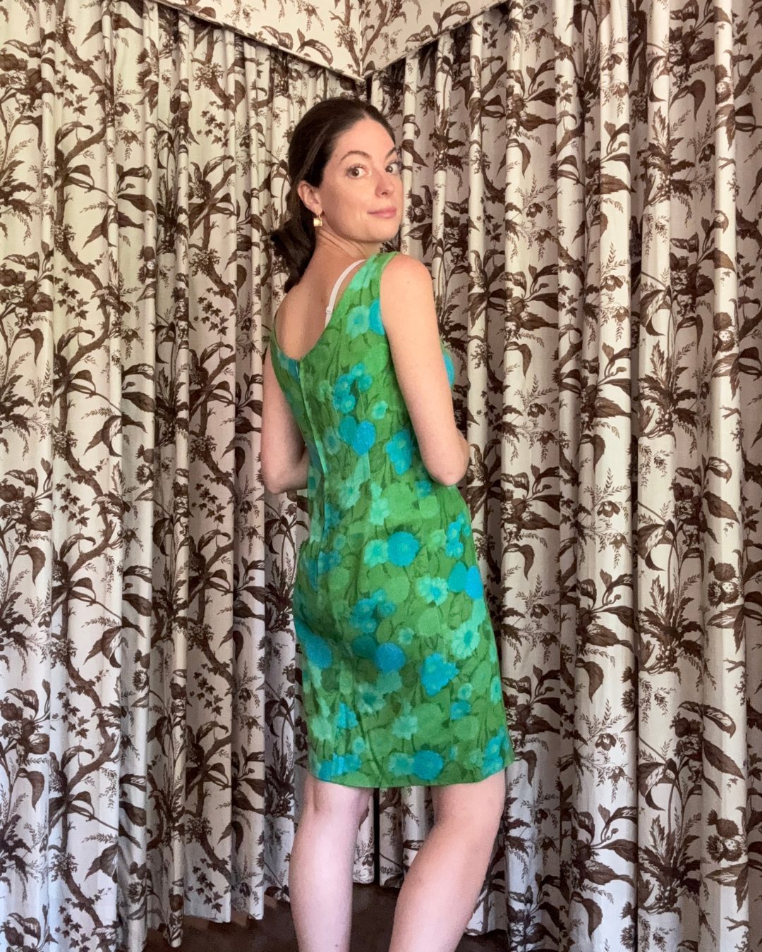 1960s Blue and Green Floral Dress and Jacket Set