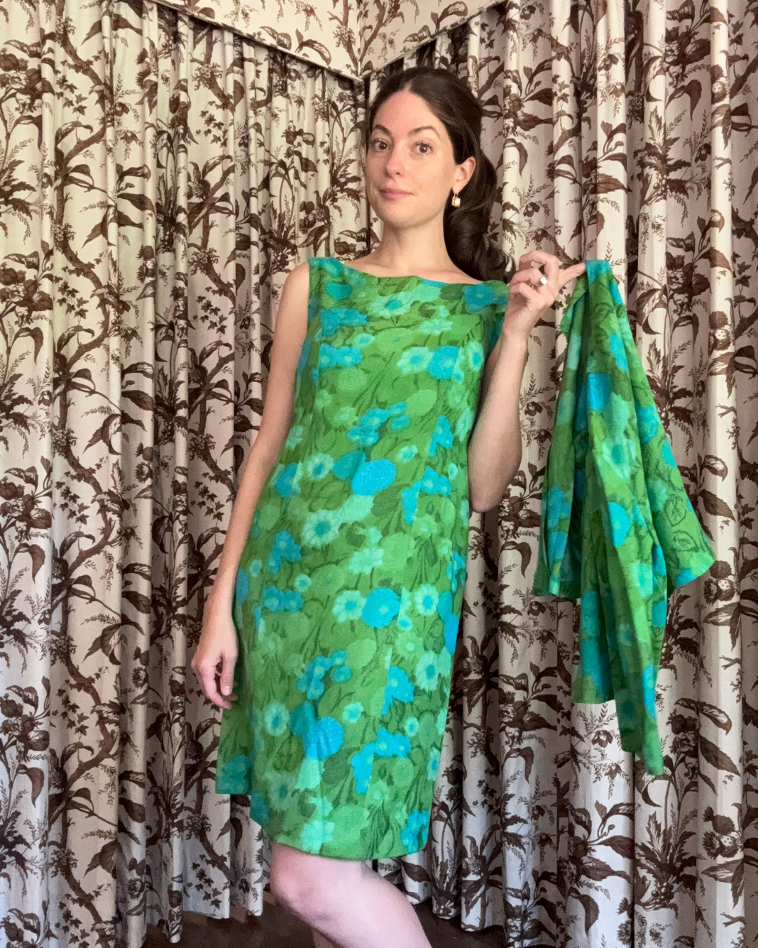 1960s Blue and Green Floral Dress and Jacket Set