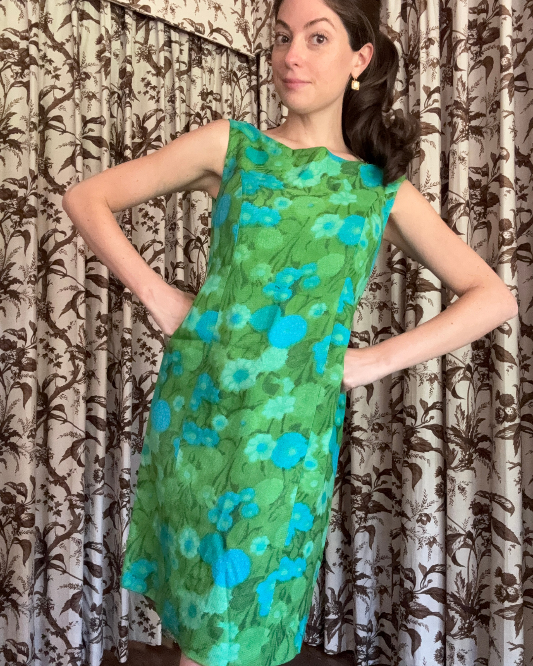 1960s Blue and Green Floral Dress and Jacket Set