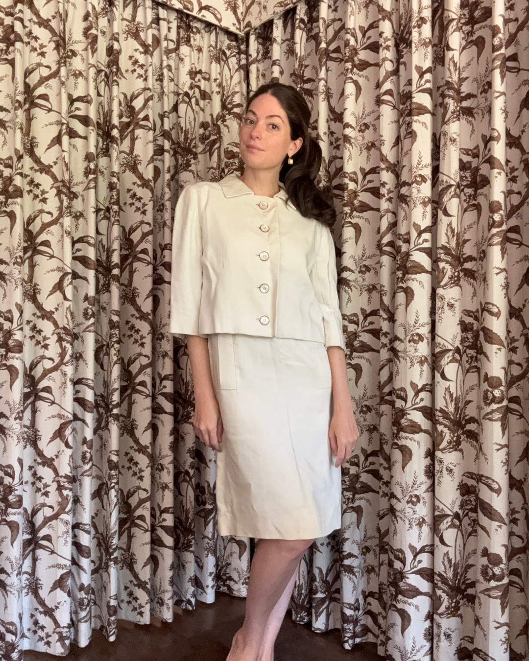1960s Bergdorf Goodman Whiten Linen Dress and Jacket Set