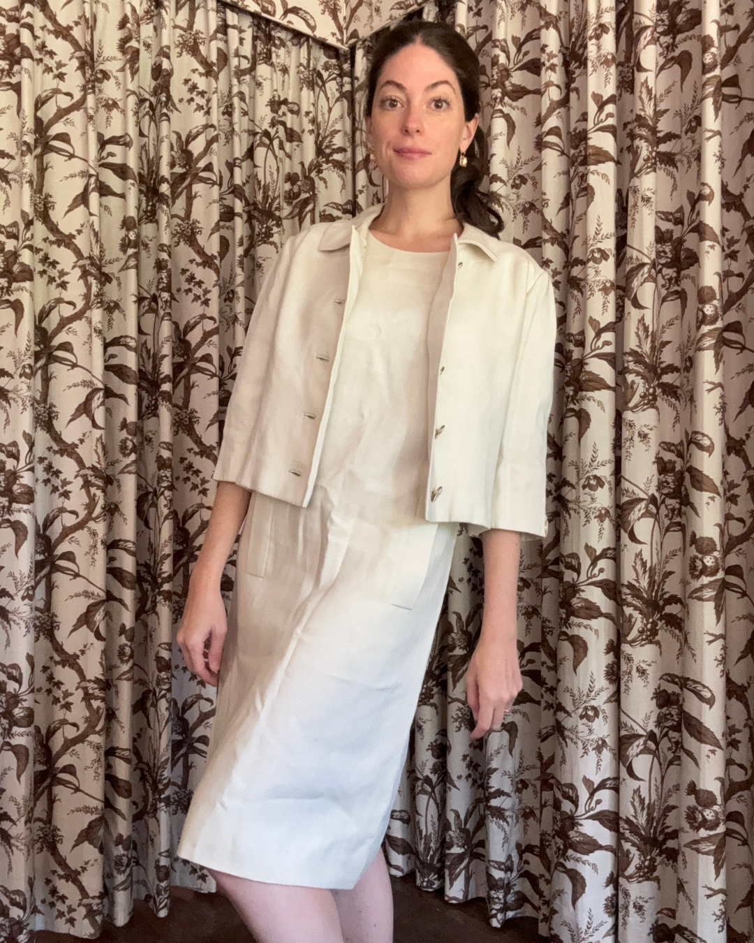 1960s Bergdorf Goodman Whiten Linen Dress and Jacket Set