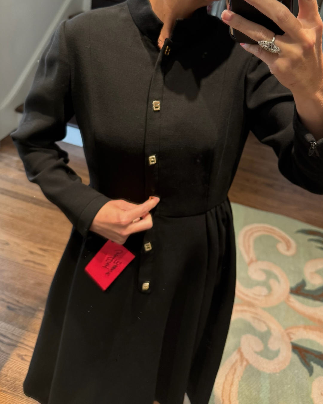1970s/80s Geoffrey Beene Black A-Line Long Sleeve Dress with "B" Accent Buttons