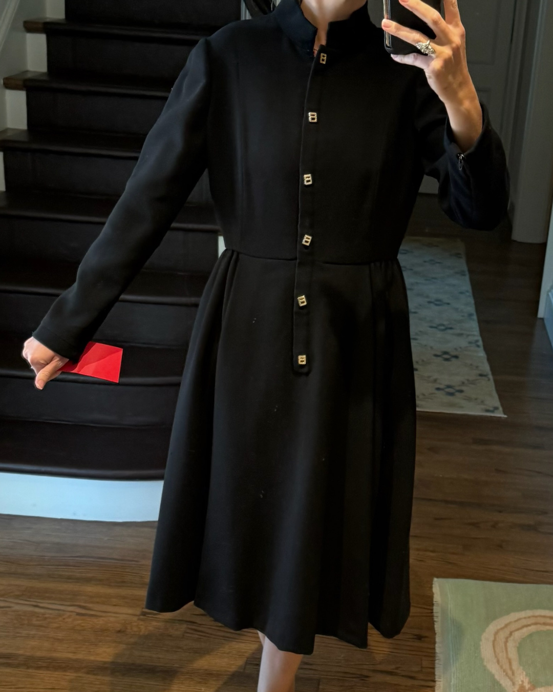 1970s/80s Geoffrey Beene Black A-Line Long Sleeve Dress with "B" Accent Buttons