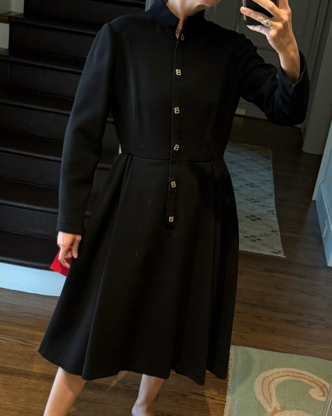 1970s/80s Geoffrey Beene Black A-Line Long Sleeve Dress with "B" Accent Buttons