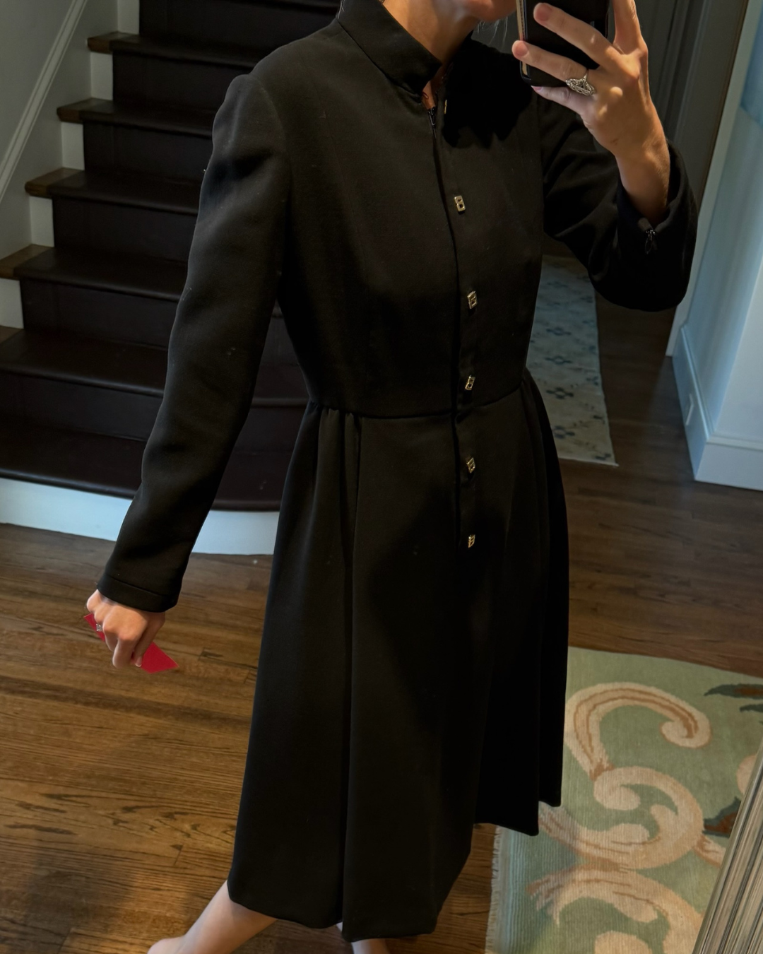 1970s/80s Geoffrey Beene Black A-Line Long Sleeve Dress with "B" Accent Buttons
