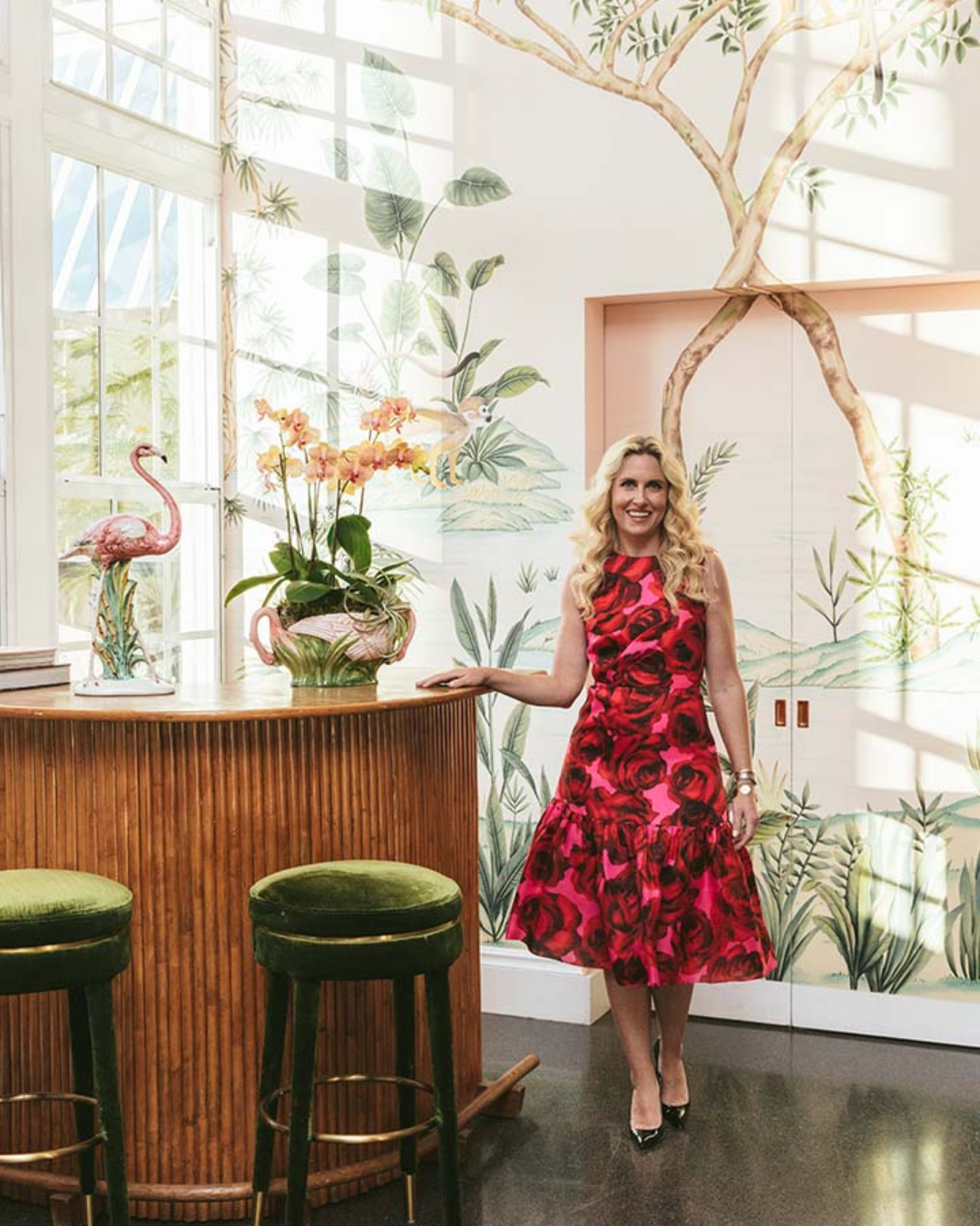 2023 Carolina Herrera Pink and Red Rose Patterned Midi Dress
