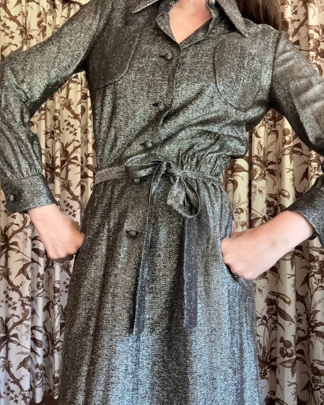 1970s Geoffrey Beene Boutique Metallic Button Down Dress