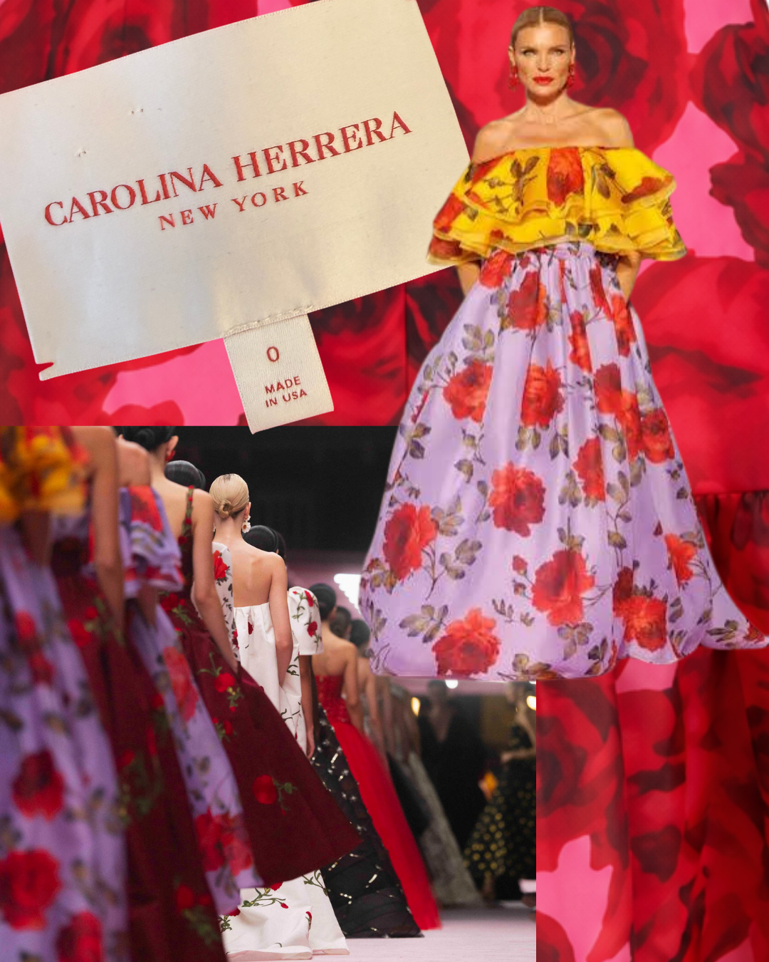 2023 Carolina Herrera Pink and Red Rose Patterned Midi Dress