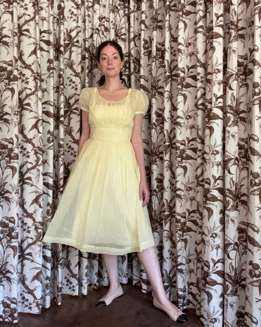 1950s/60s Sheer Yellow Polka Dot Midi Dress