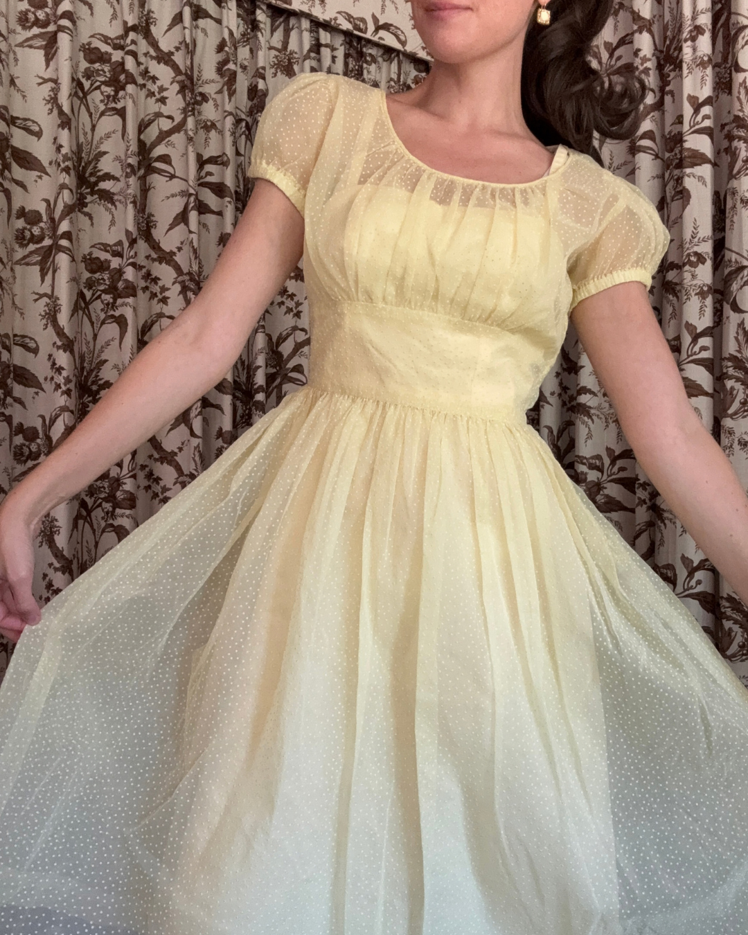 1950s/60s Sheer Yellow Polka Dot Midi Dress