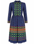 1970s Blue and Green Long Sleeve Dress