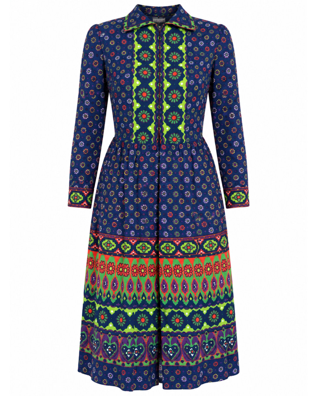 1970s Blue and Green Long Sleeve Dress
