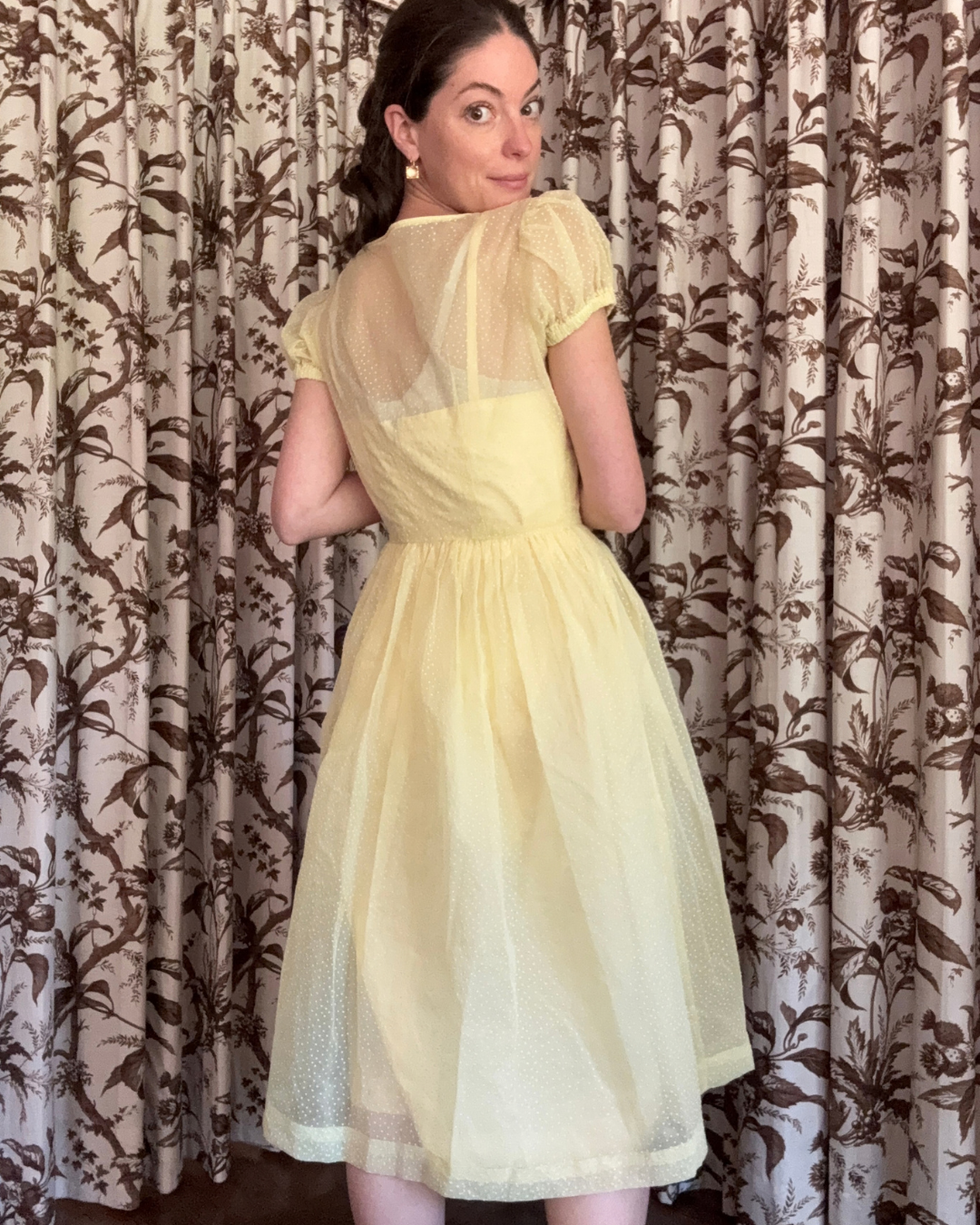 1950s/60s Sheer Yellow Polka Dot Midi Dress