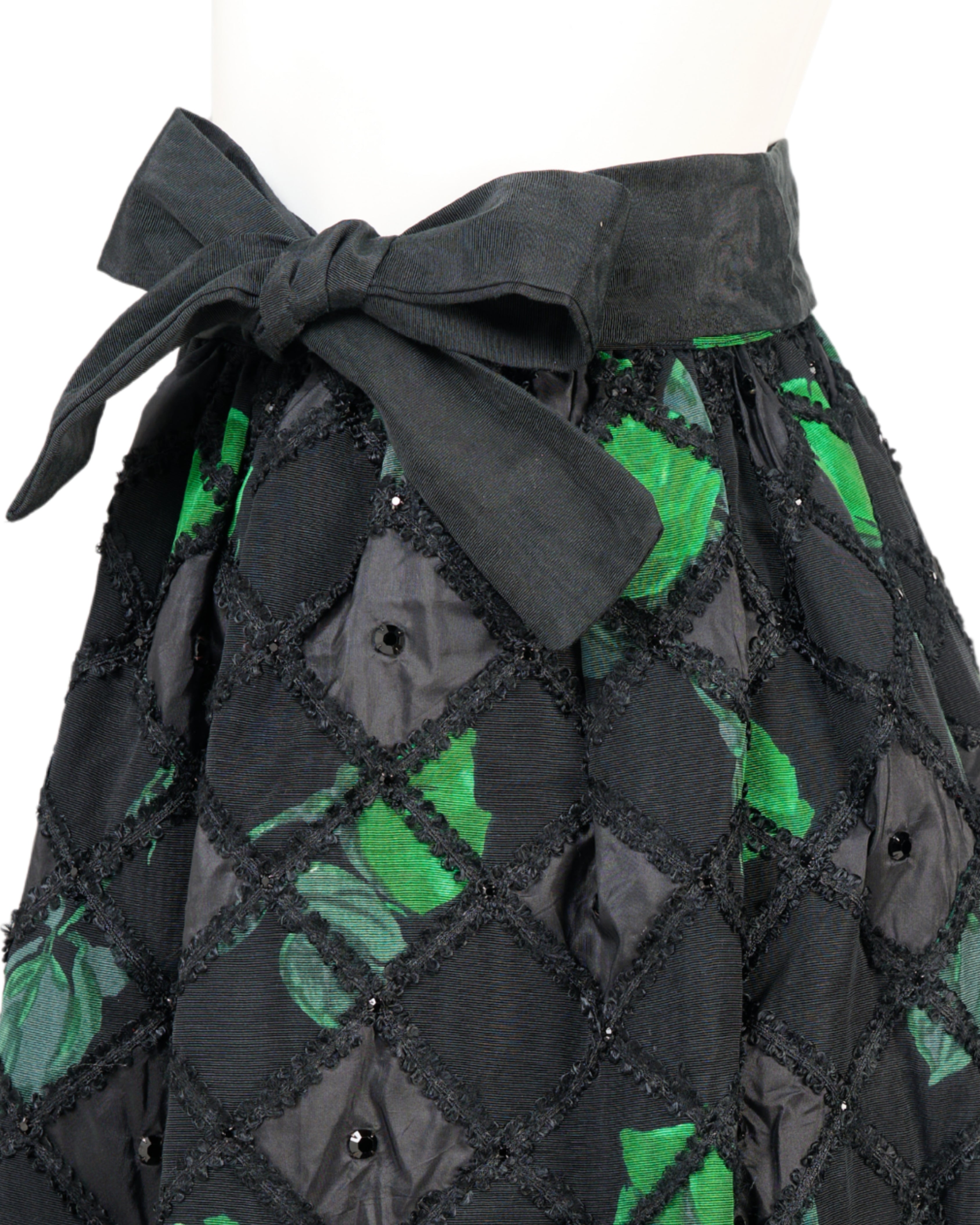 Late 20th-Century Green and Black Floral Midi Skirt