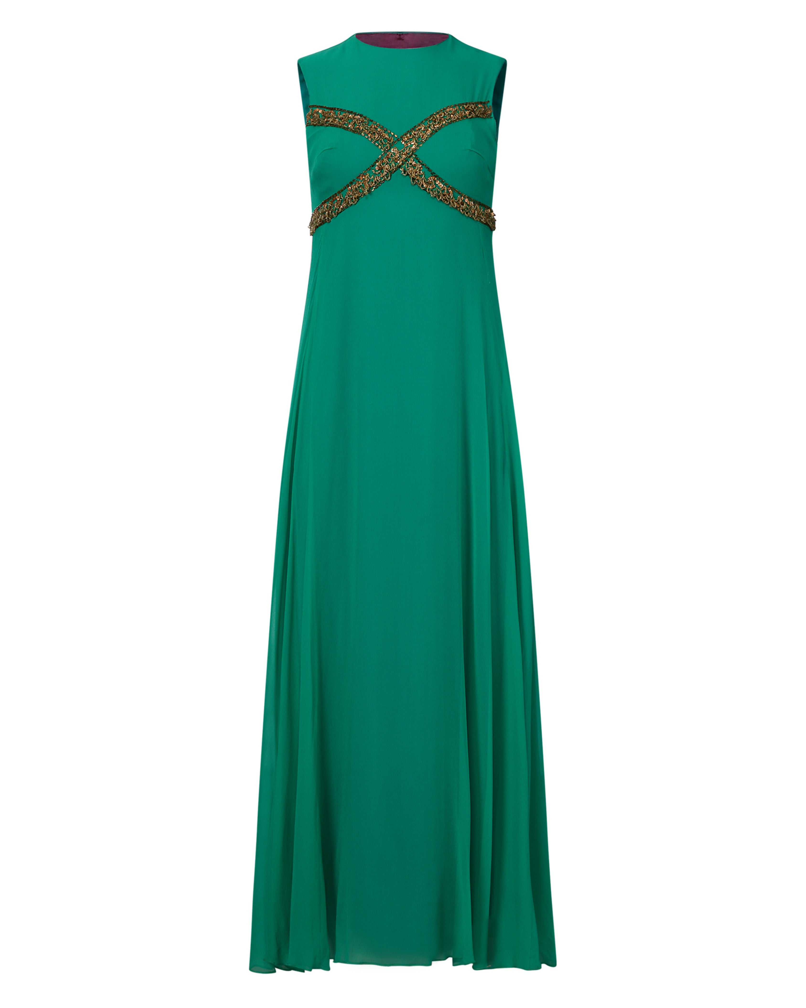 1960s Teal Beaded Chiffon Gown