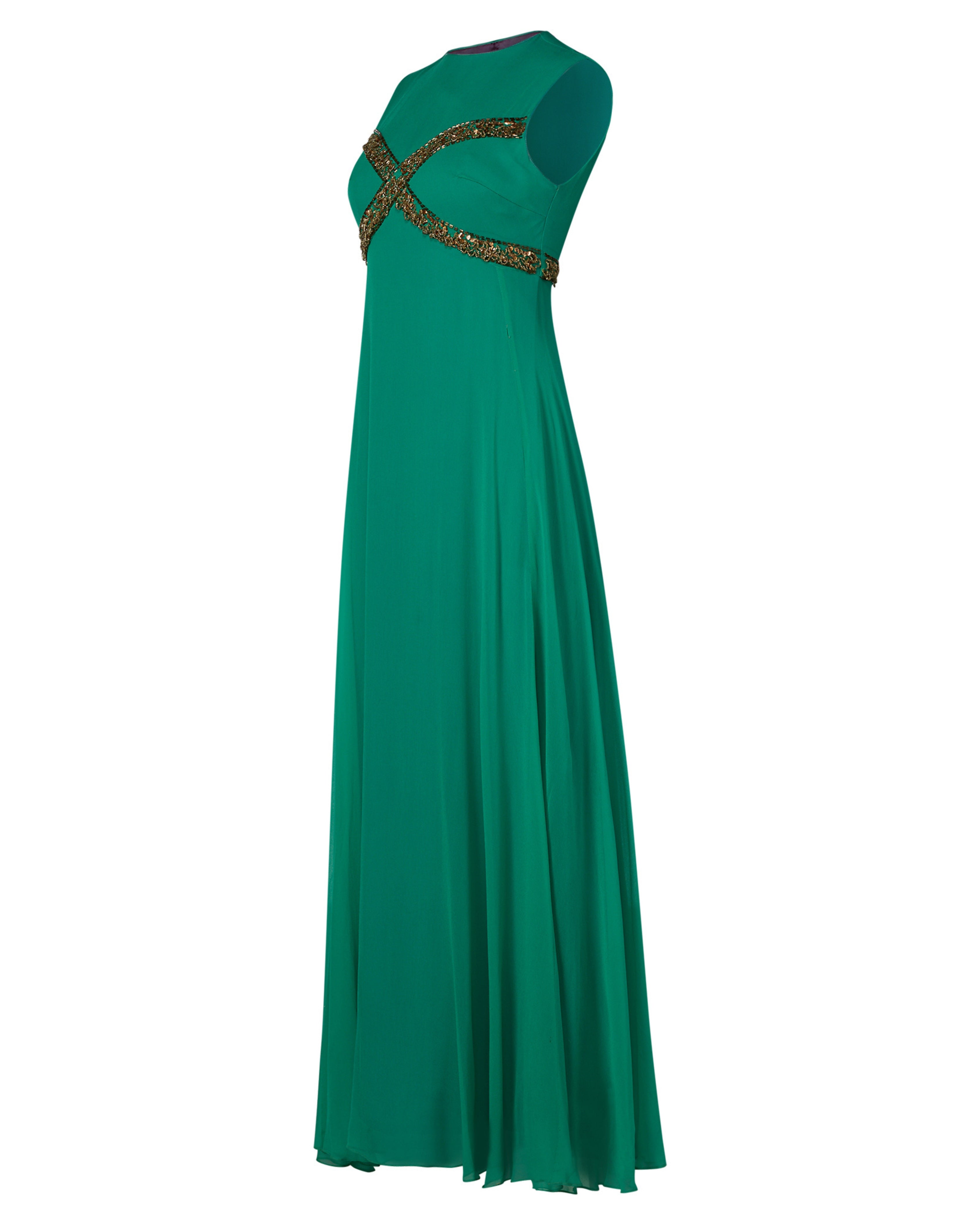 1960s Teal Beaded Chiffon Gown
