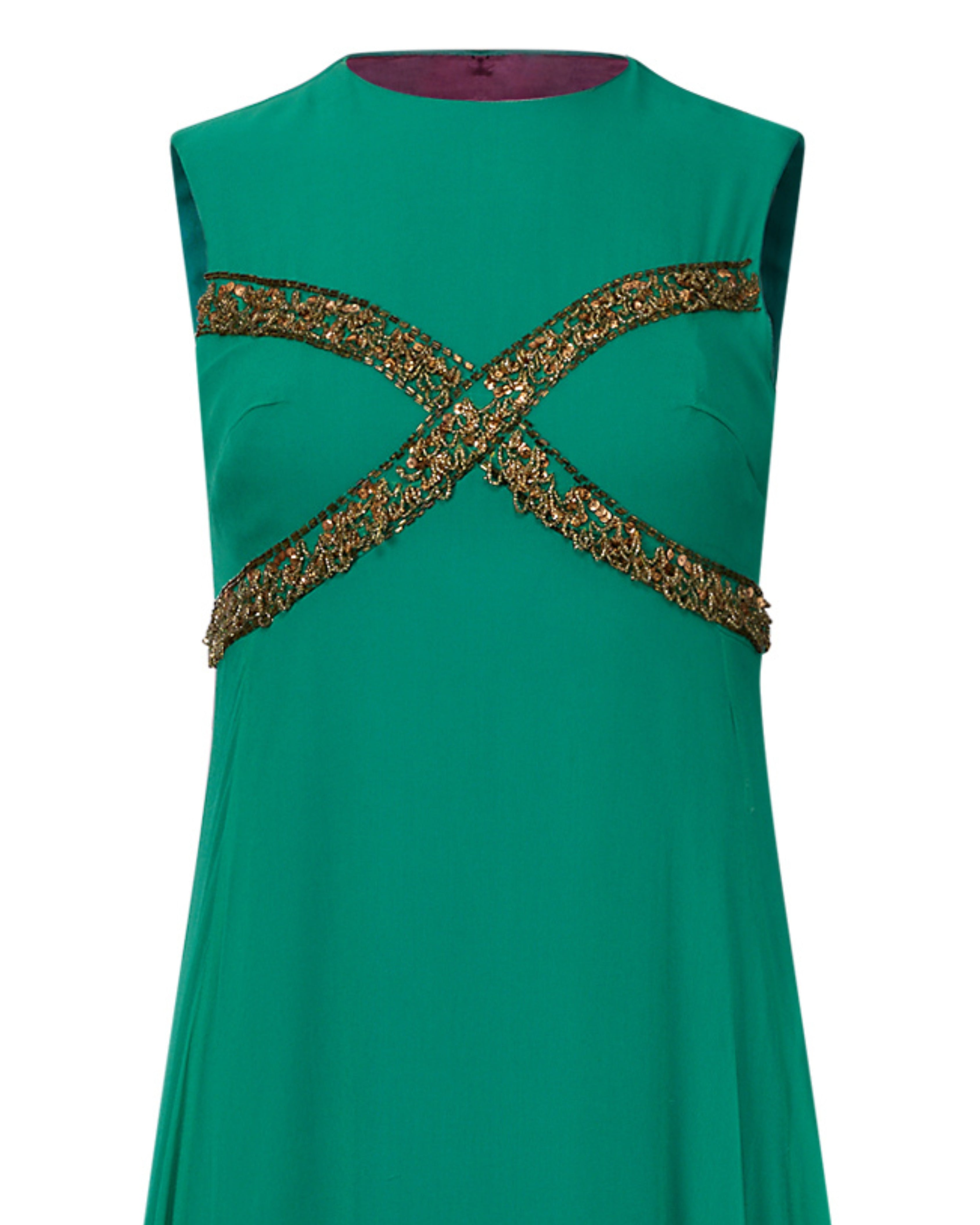 1960s Teal Beaded Chiffon Gown