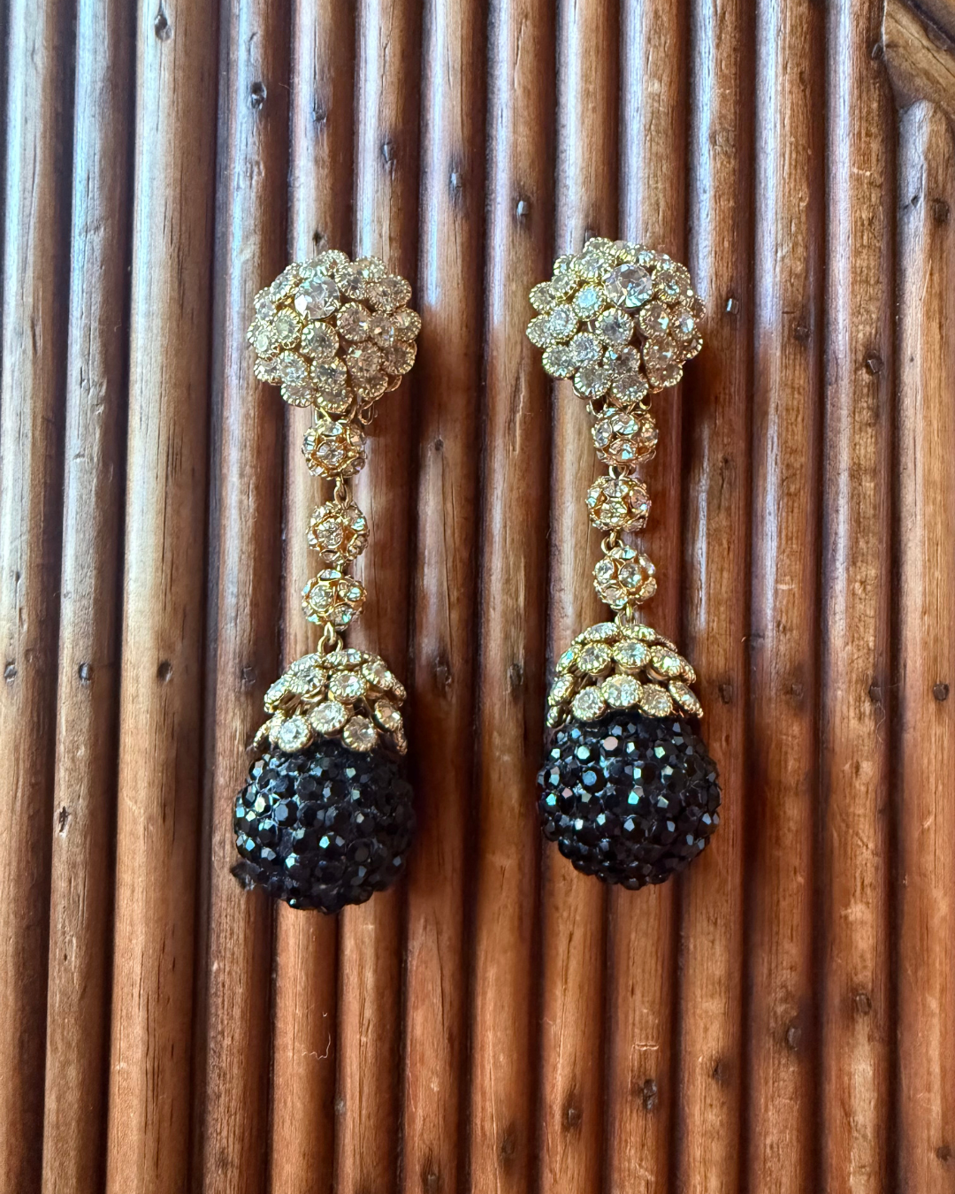 1960s Black and Gold Crystal Ball Drop Clip-On Earrings