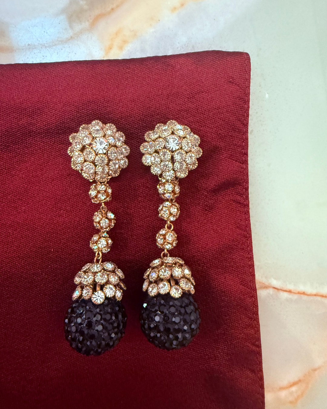 1960s Black and Gold Crystal Ball Drop Clip-On Earrings