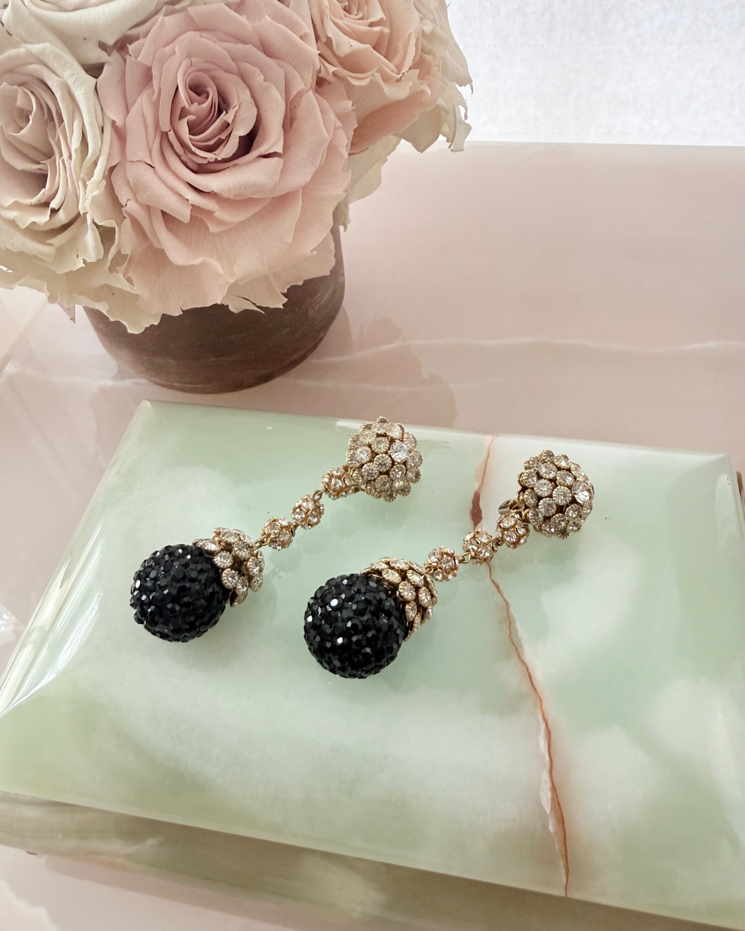 1960s Black and Gold Crystal Ball Drop Clip-On Earrings
