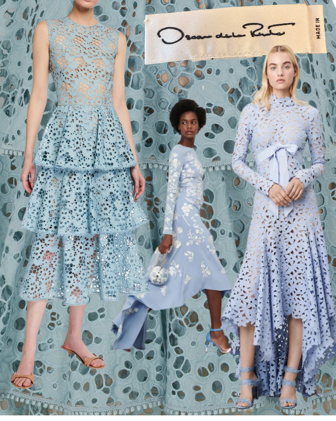 2020 Oscar de la Renta Blue Floral Eyelet Cutout Midi Dress