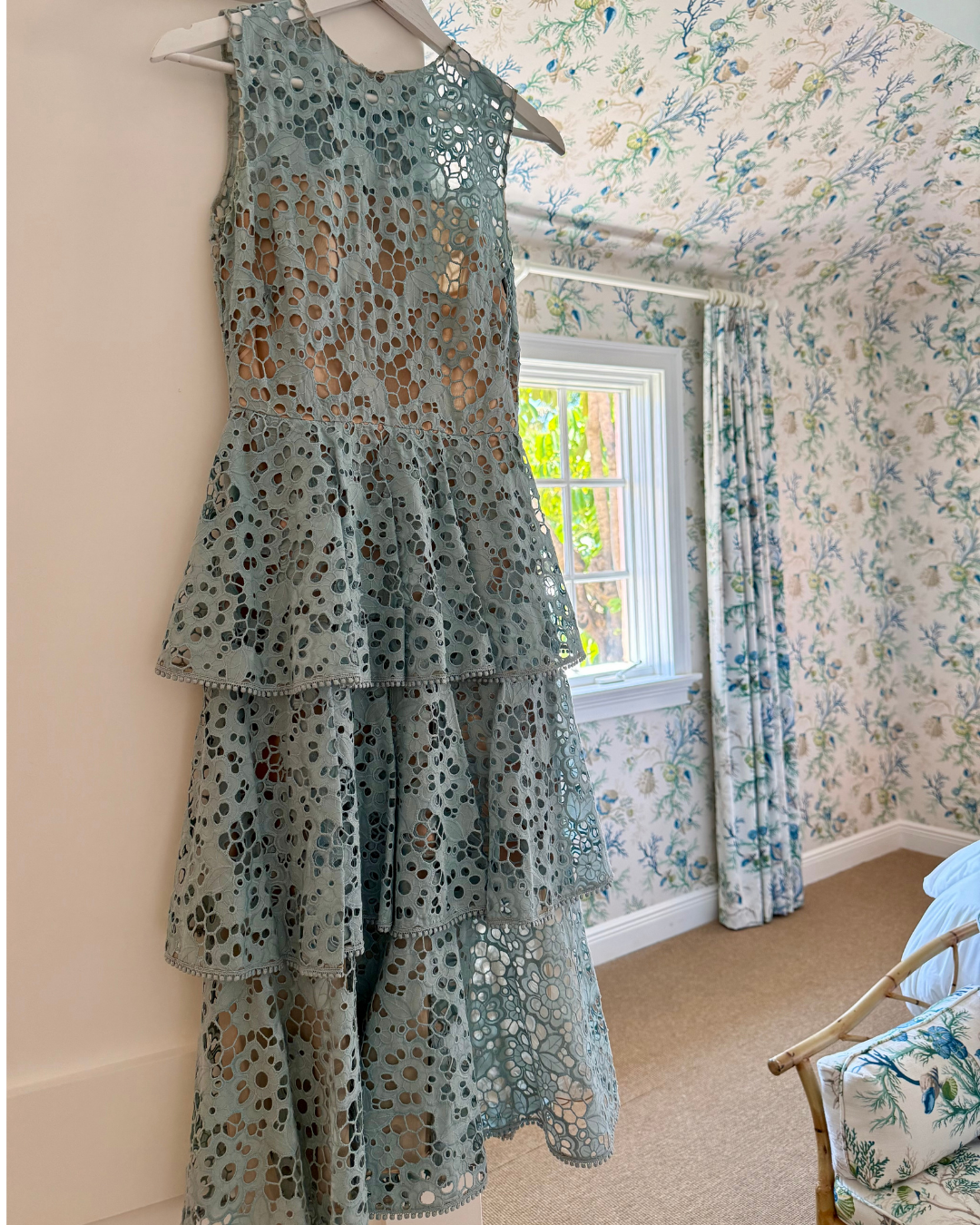 2020 Oscar de la Renta Blue Floral Eyelet Cutout Midi Dress